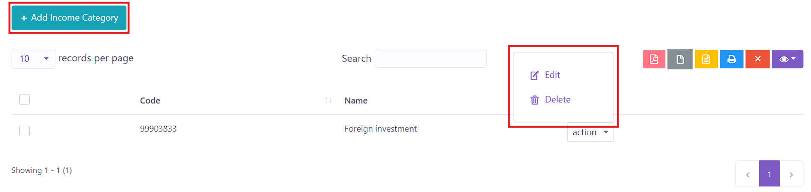 Income Category List