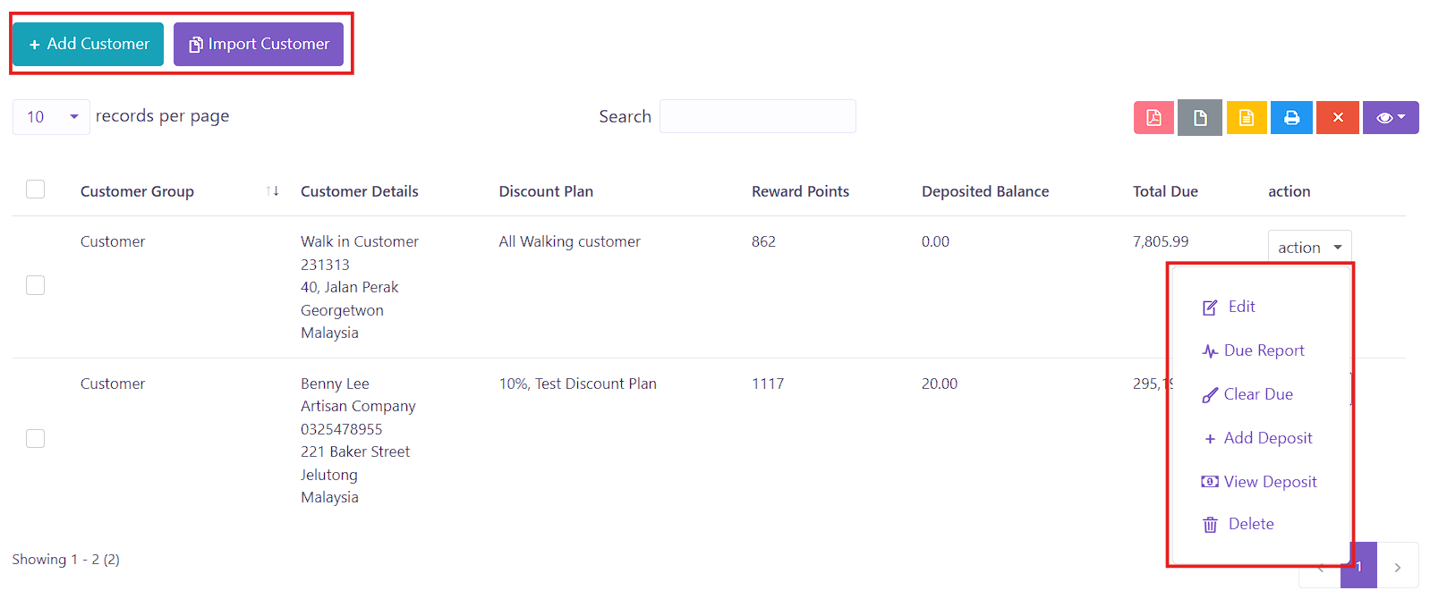 Customer List Page