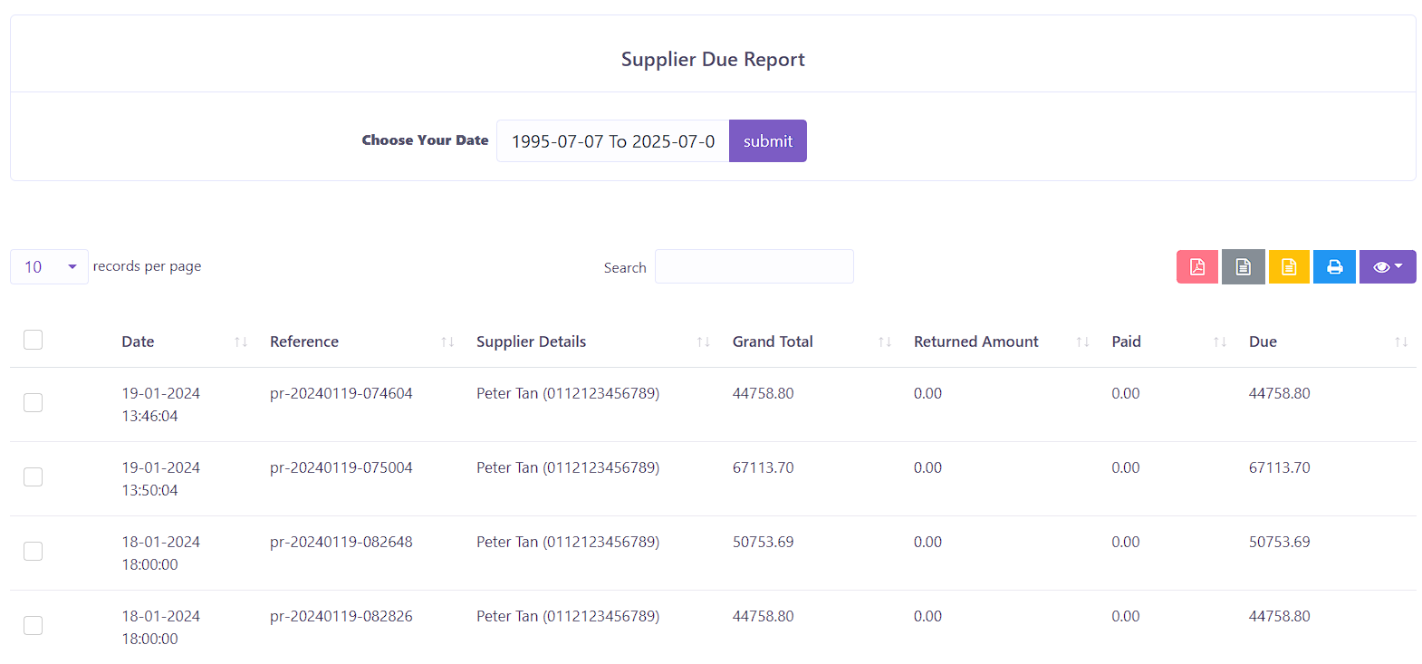 Supplier Due Report