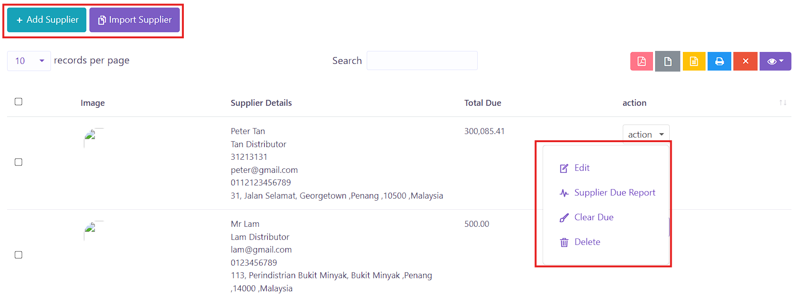 Supplier List Index