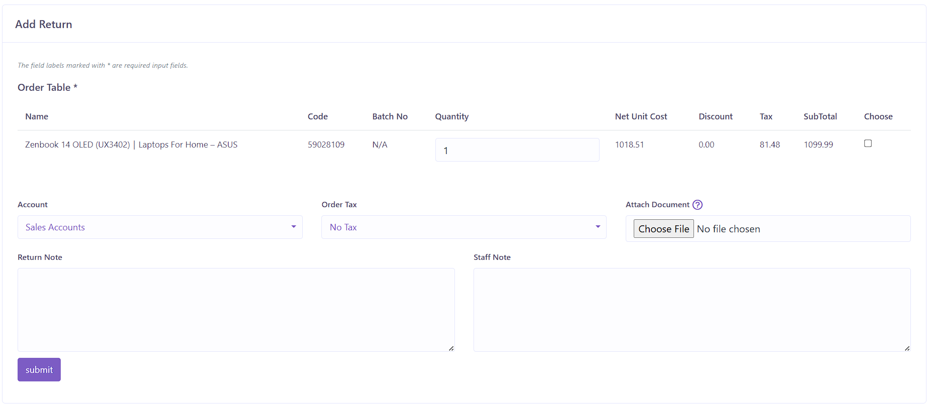 Purchase Return Form