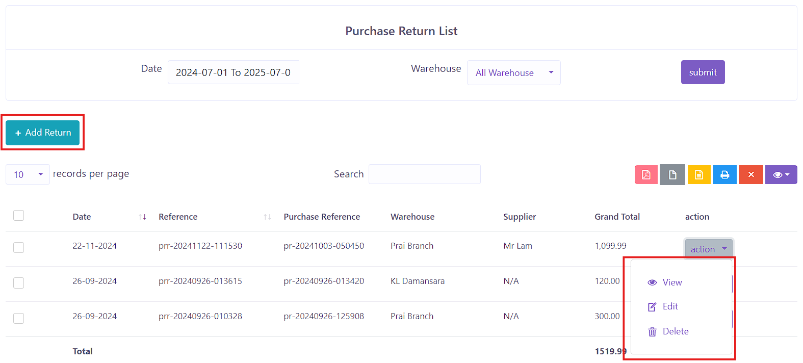 Purchase Return Index