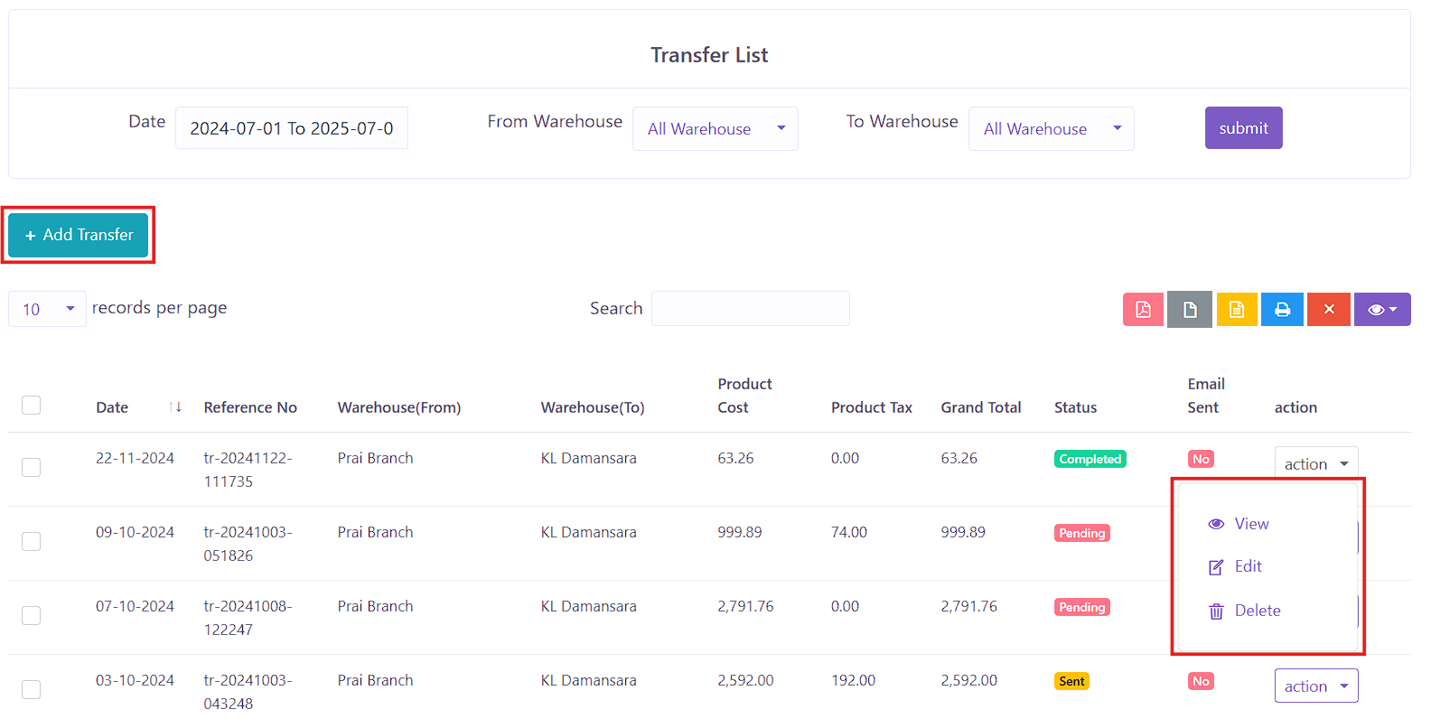Transfer Index Page